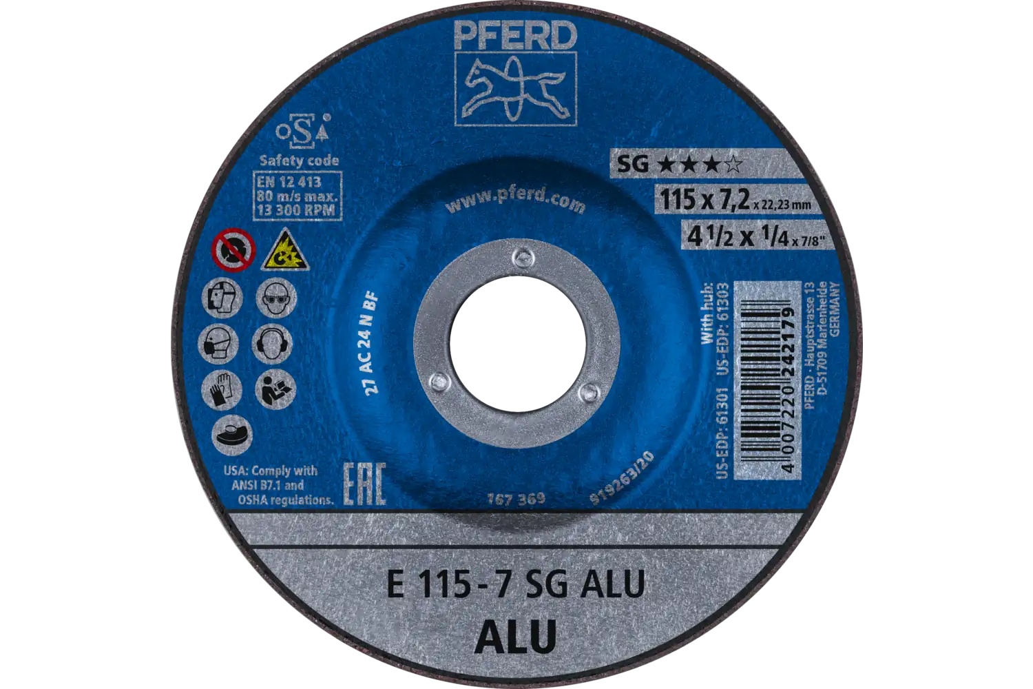 Picture of Pferd Grinding Wheel, 4-1/2" X 1/4 X 7/8, Sg Alu, T27, Aluminum Oxide, Silicon Carbide